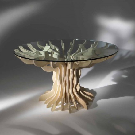 comedor redonda mesa de madera con cristal templado Dalia Viadurini