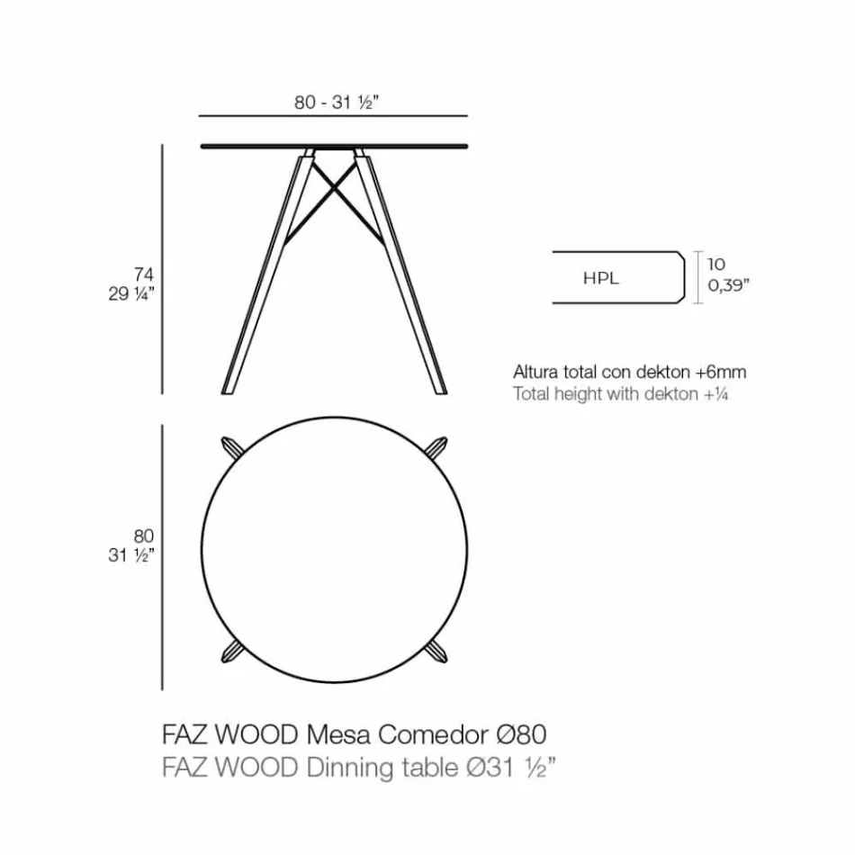 Mesa de comedor redonda de madera y tablero de Hpl, 4 piezas - Faz Wood by Vondom Viadurini
