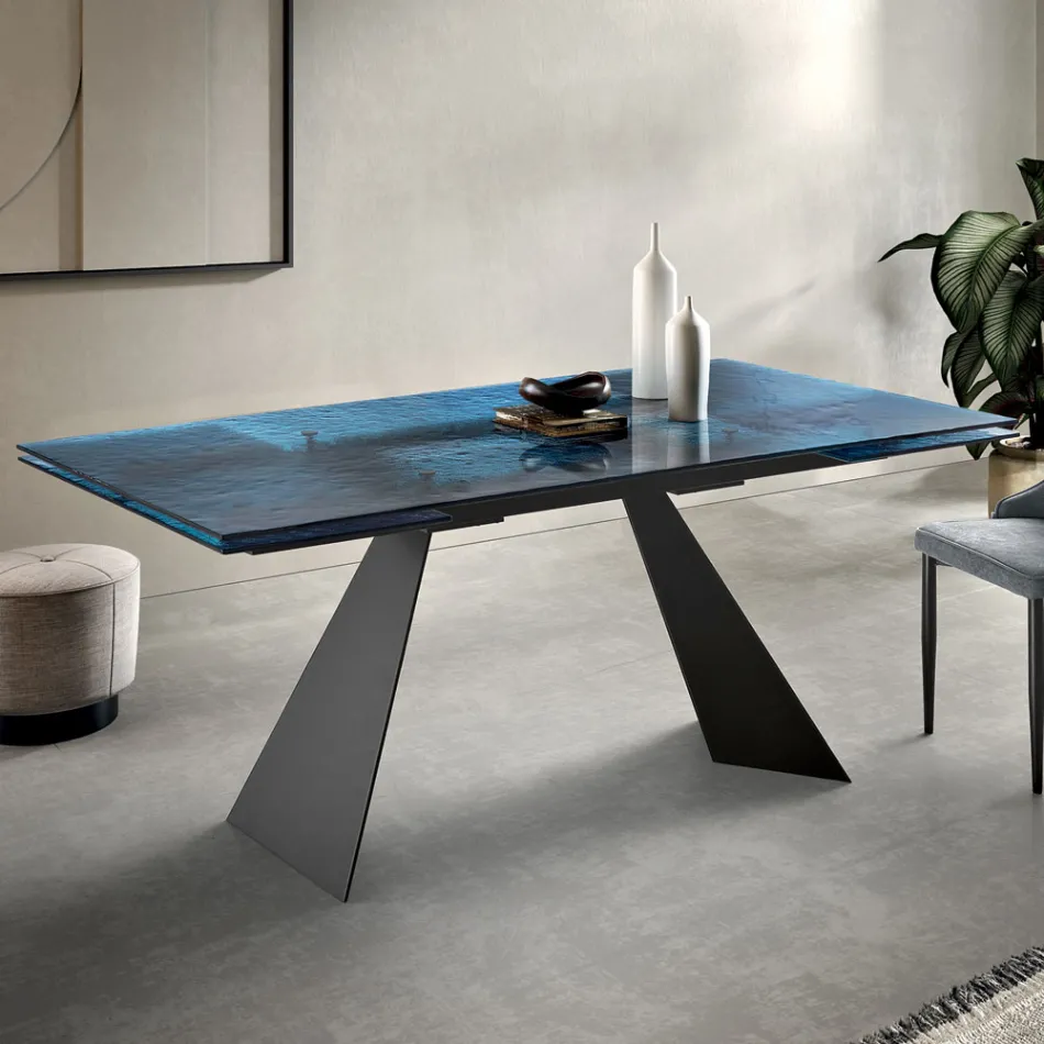 Mesa de salón de 160x90 cm con tablero de cristal martillado transparente - Martello Viadurini