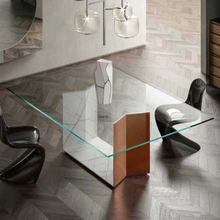 Mesa de diseño en metal y mármol con tapa de cristal Made in Italy - Minera Viadurini