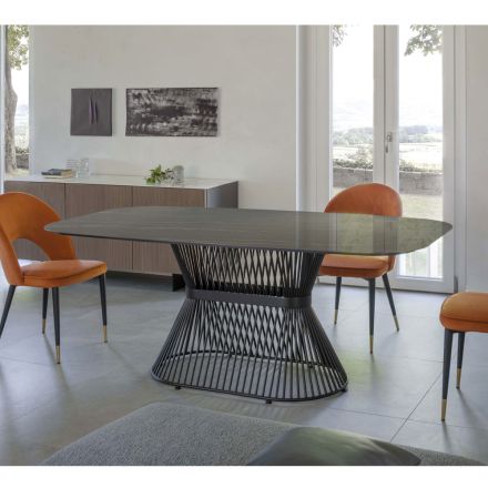 Mesa de comedor elíptica de cerámica pulida y acero - Ravi Viadurini