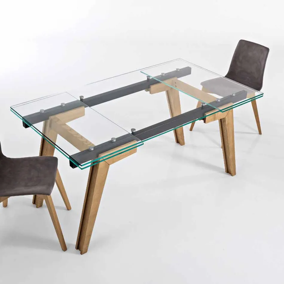 Mesa extensible de cristal y madera maciza fabricada en Italia, Dimitri Viadurini