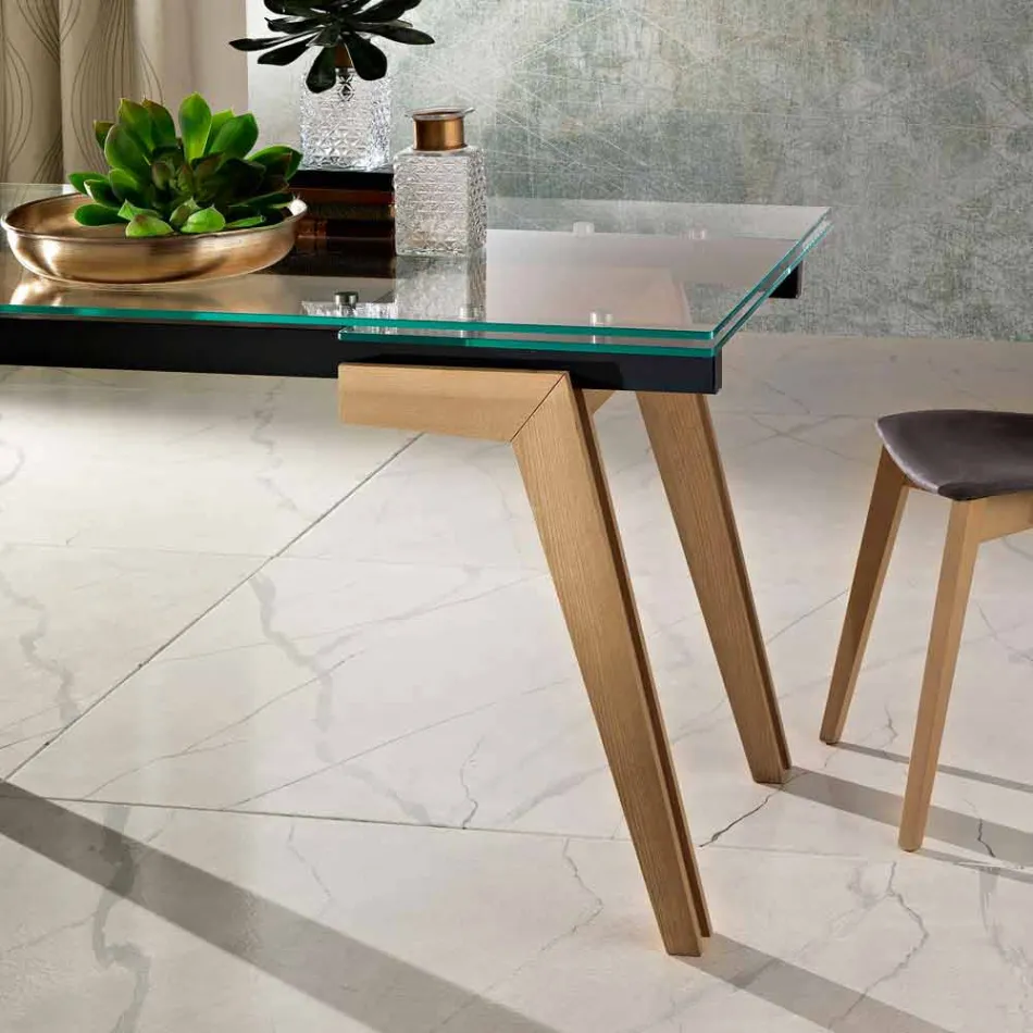 Mesa extensible de cristal y madera maciza fabricada en Italia, Dimitri Viadurini