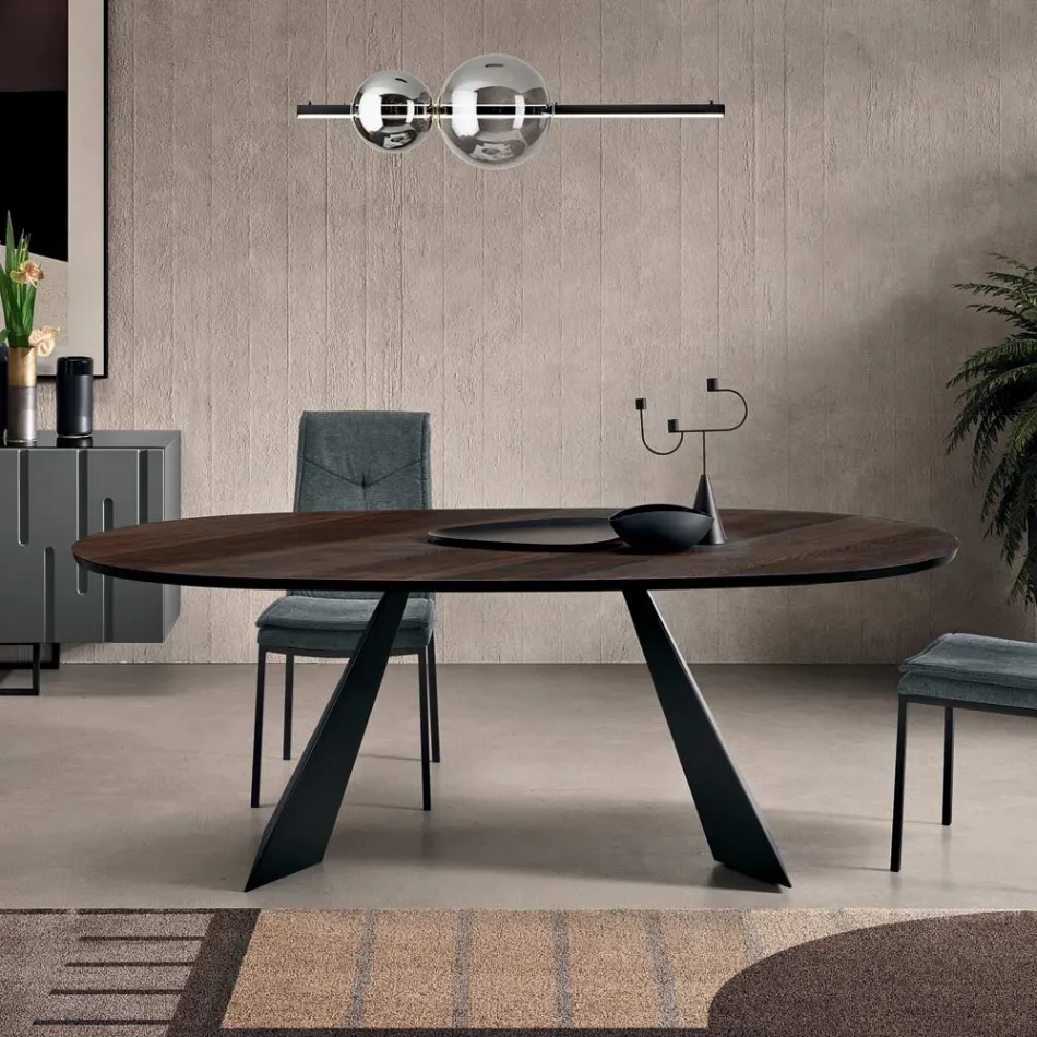 Mesa fija de 210x109 cm en metal y roble chapado ovalado - Marcello Viadurini