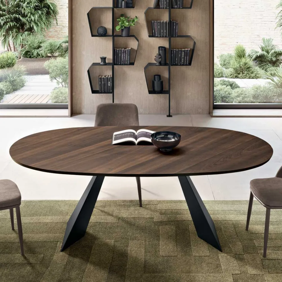 Mesa fija de 210x109 cm en metal y roble chapado ovalado - Marcello Viadurini
