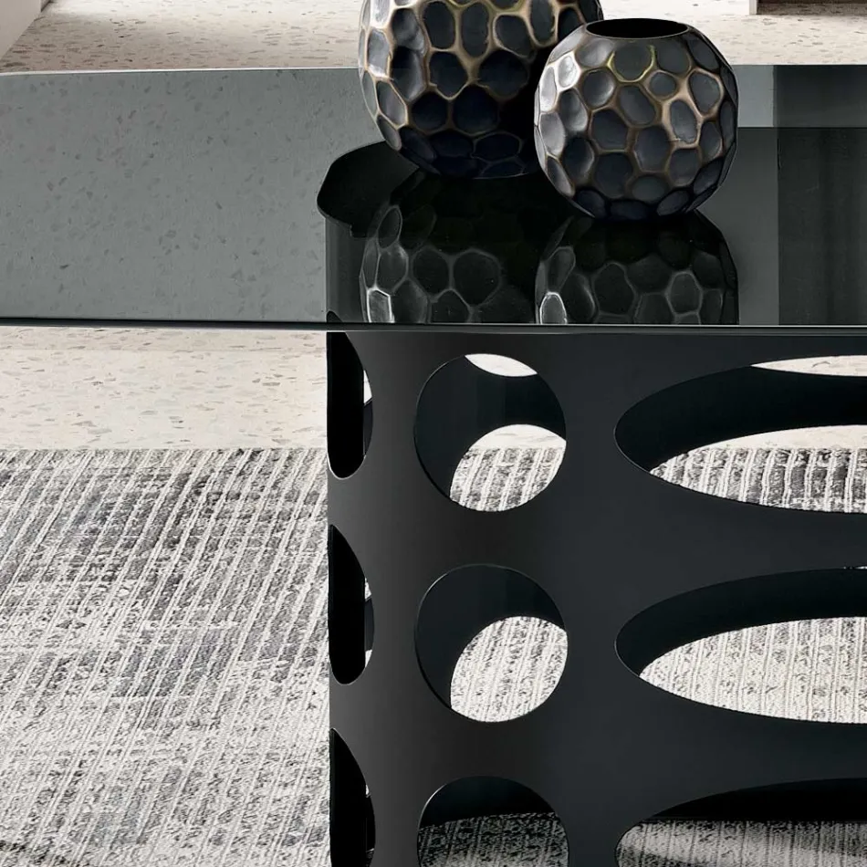 Mesa fija de 210x110 cm con tablero de cristal ahumado liso, fabricada en Italia - Tano Viadurini