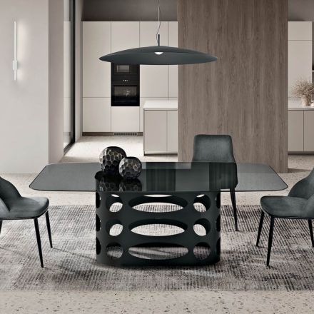 Mesa fija de 210x110 cm con tablero de cristal ahumado liso, fabricada en Italia - Tano Viadurini