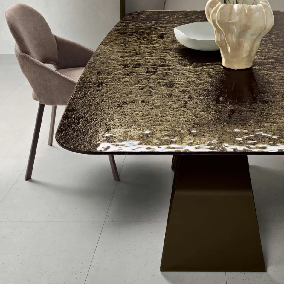 Mesa fija de 210x110 cm con tablero de cristal martillado y base metálica - Adriano Viadurini