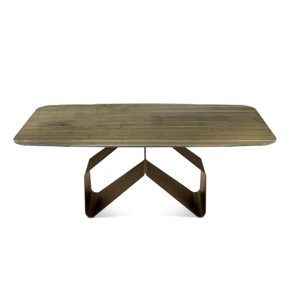 Mesa fija de 210x110 cm con tablero de cristal acanalado y base metálica - Adriano Viadurini