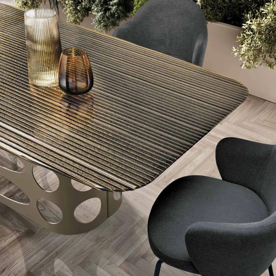 Mesa fija de 210x110 cm con tablero de cristal acanalado, fabricada en Italia - Tano Viadurini