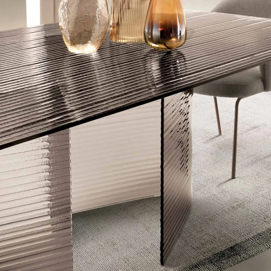 Mesa fija de 240x120 cm en cristal estriado transparente, fabricada en Italia - Varo Viadurini