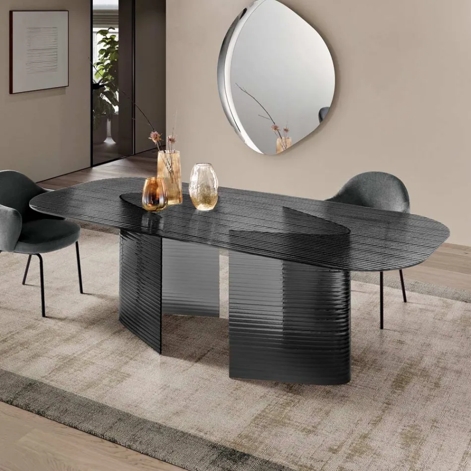 Mesa fija de 240x120 cm en cristal estriado transparente, fabricada en Italia - Varo Viadurini