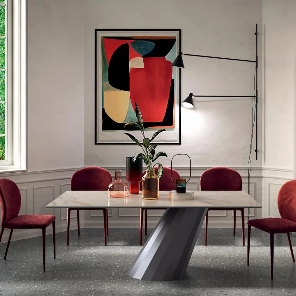 Mesa Fija con Base de Acero y Tapa de Cerámica Made in Italy - Pantalones Viadurini