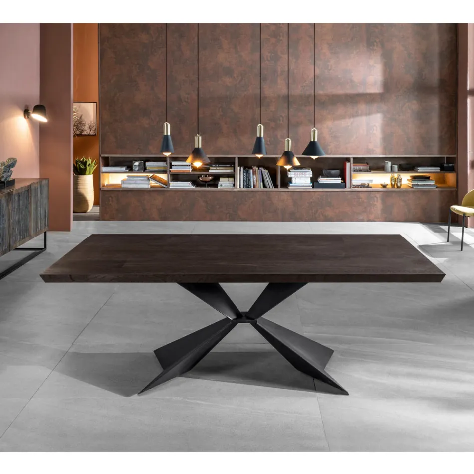 Mesa Fija con Base de Metal y Tapa de Roble Chapado - Azul Marino Viadurini