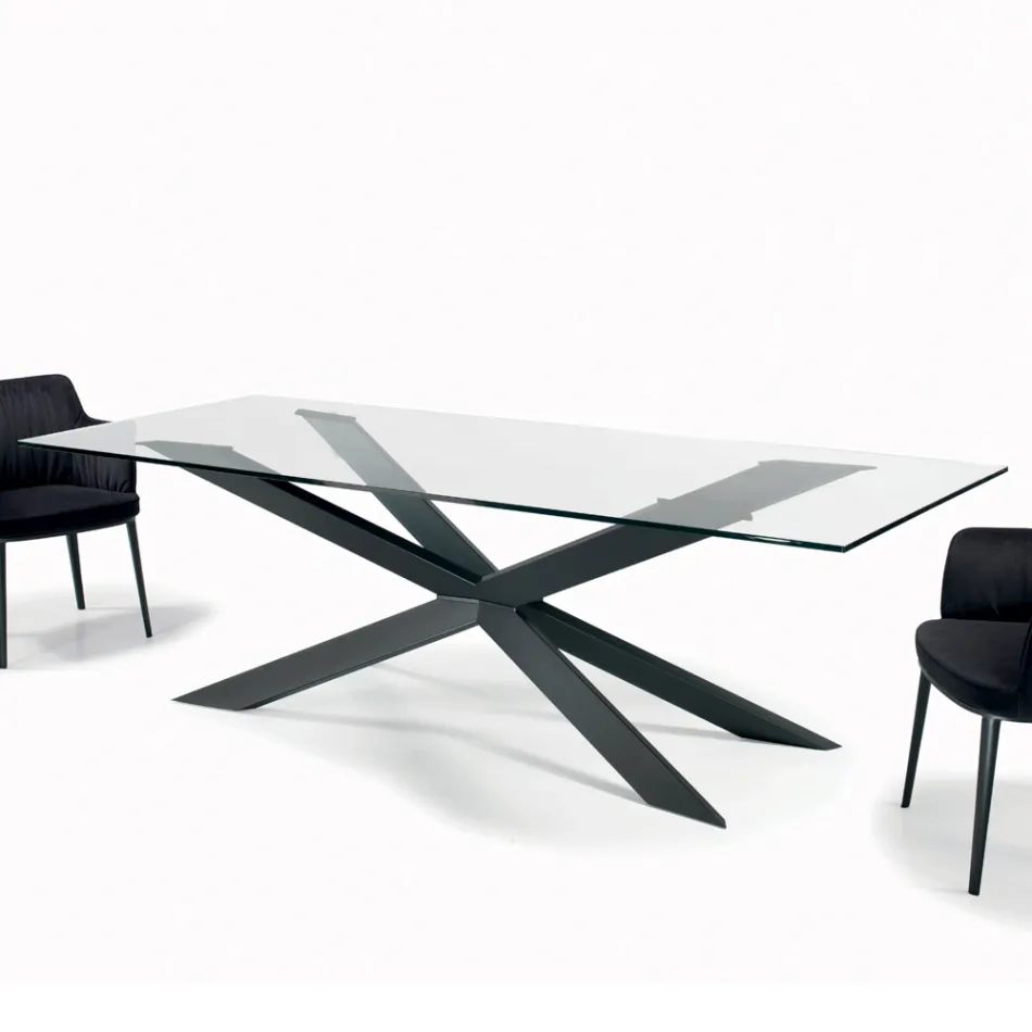 Mesa Fija con Borde Invertido en Vidrio Extraclaro y Acero Made in Italy - Grotta Viadurini