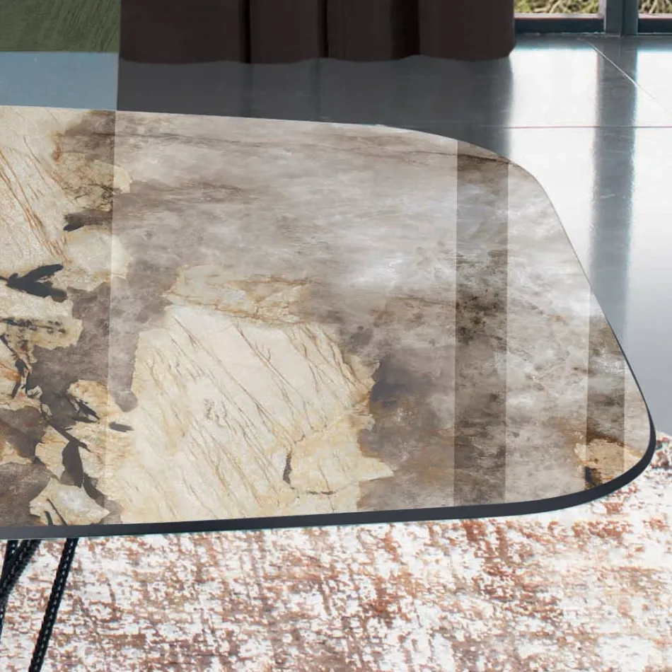 Mesa fija con tapa de cerámica barril y base de acero Made in Italy - Ezzellino Viadurini