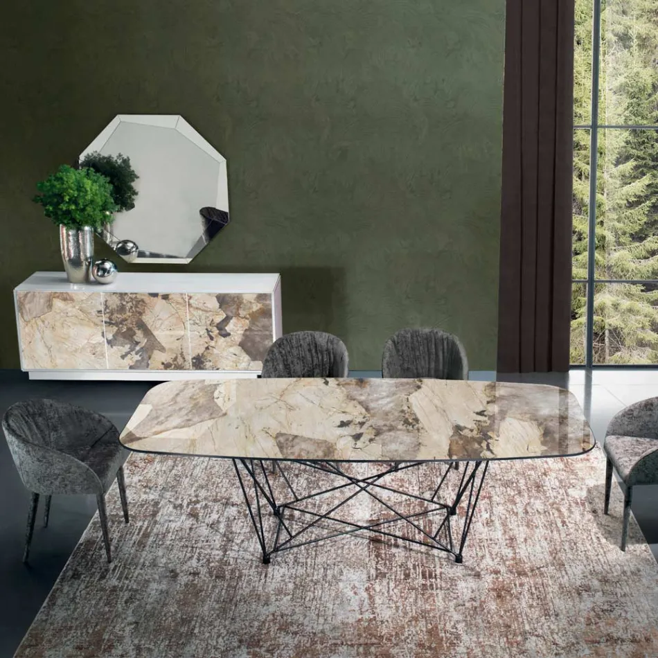 Mesa fija con tapa de cerámica barril y base de acero Made in Italy - Ezzellino Viadurini