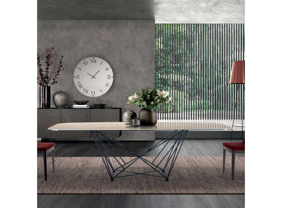 Mesa fija con tapa de cerámica barril y base de acero Made in Italy - Ezzellino Viadurini