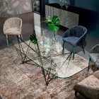 Mesa fija con tapa de cristal en forma de barril y base de acero Made in Italy - Ezzellino Viadurini