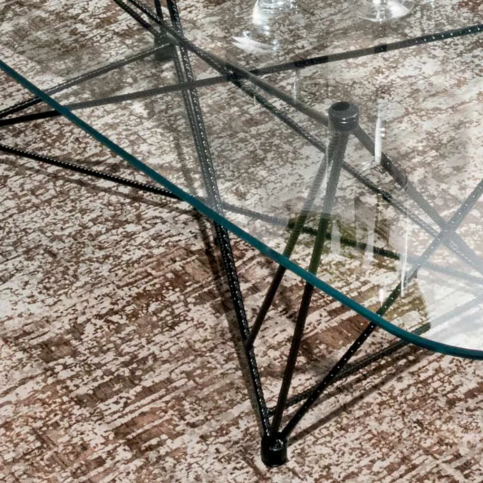 Mesa fija con tapa de cristal en forma de barril y base de acero Made in Italy - Ezzellino Viadurini