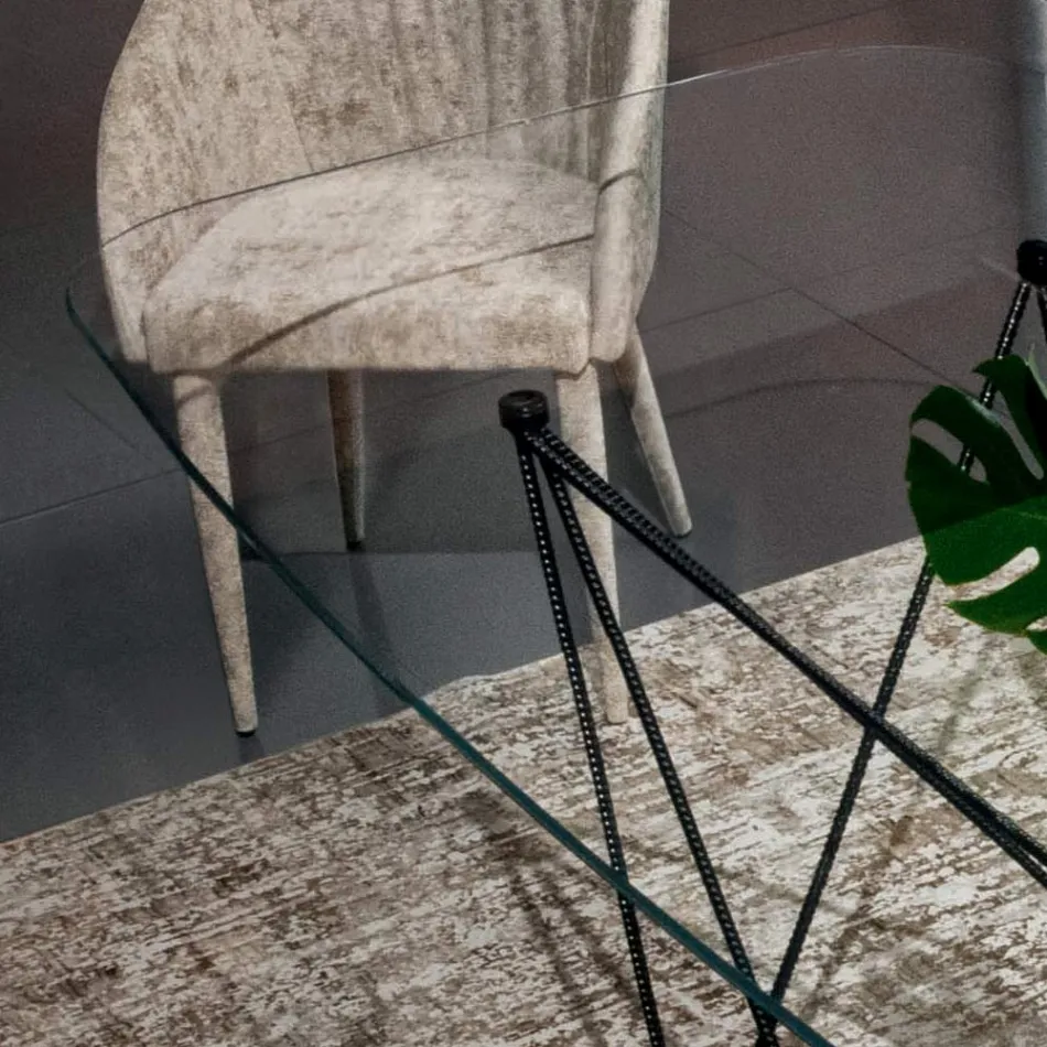 Mesa fija con tapa de cristal en forma de barril y base de acero Made in Italy - Ezzellino Viadurini