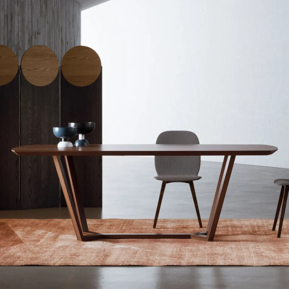 Mesa fija con tapa perfilada y base de madera Made in Italy - Digory Viadurini