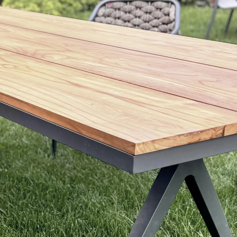 Mesa fija de exterior 220x100 cm en aluminio y teca maciza - Nara Viadurini