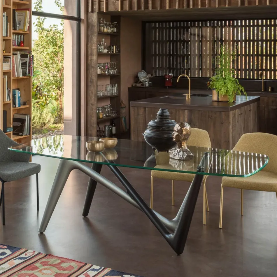 Mesa de Comedor Fija en Vidrio y Poliuretano Rígido Made in Italy - Lavanda Viadurini