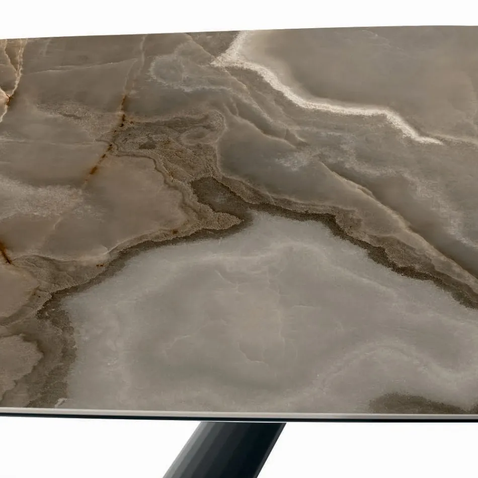 Mesa Fija de Cerámica y Base en Acero Pintado de Negro Made in Italy - Vidrios Viadurini