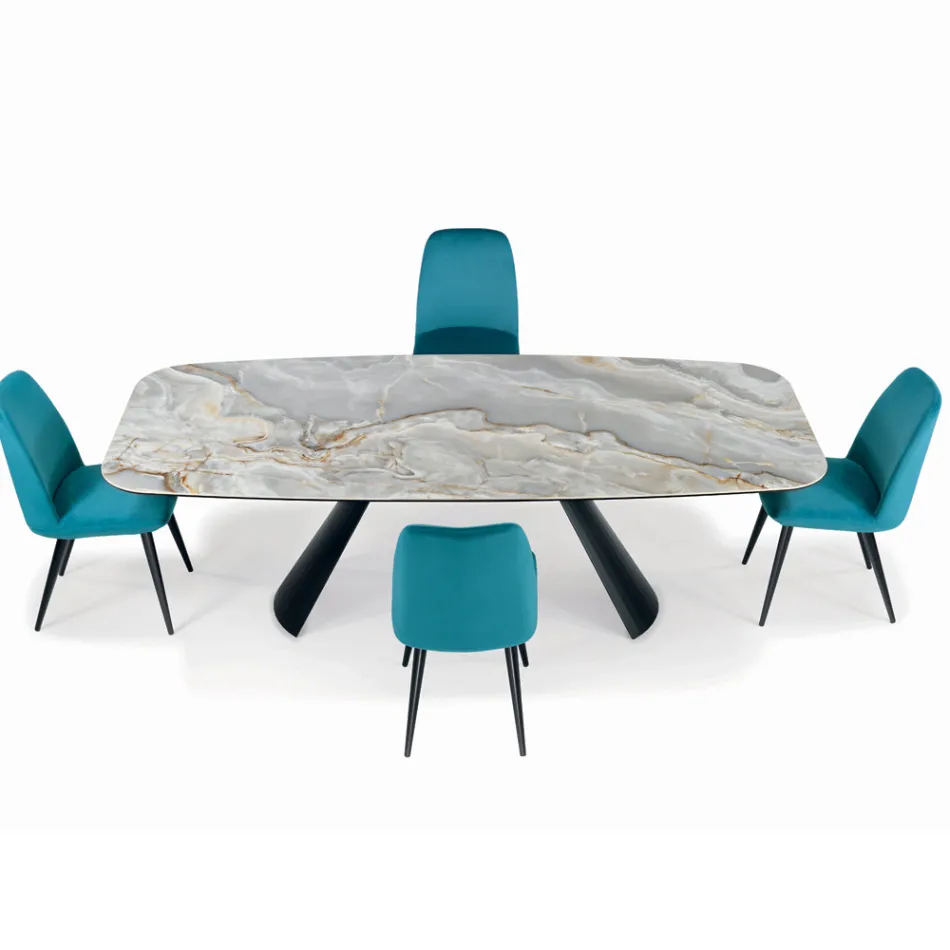 Mesa Fija de Cerámica y Base en Acero Pintado de Negro Made in Italy - Vidrios Viadurini