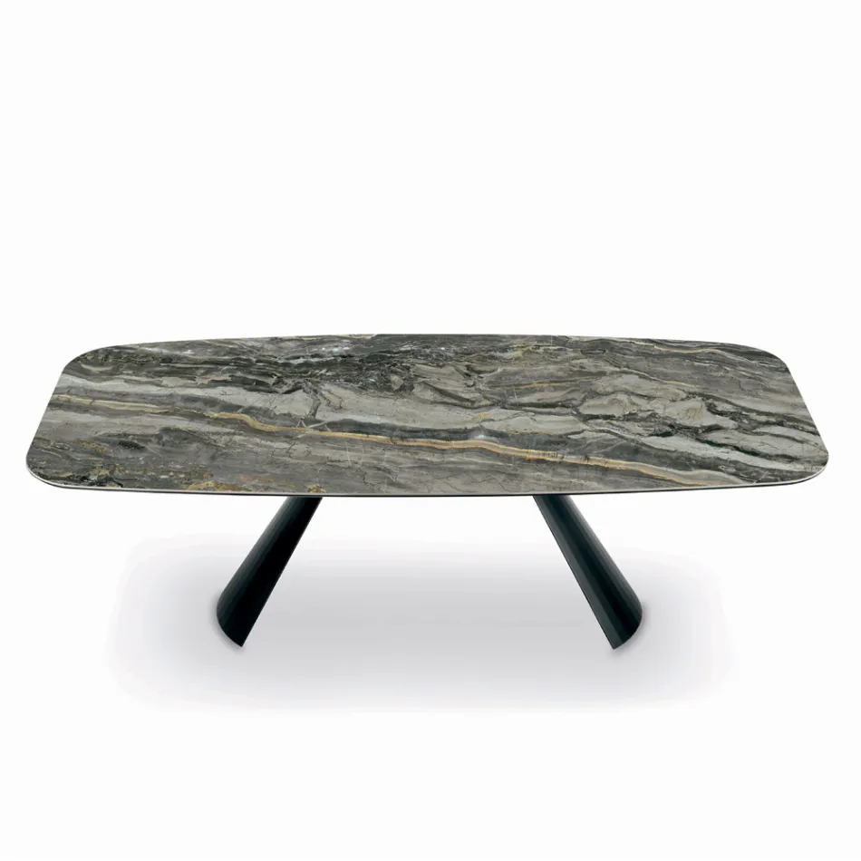 Mesa Fija de Cerámica y Base en Acero Pintado de Negro Made in Italy - Vidrios Viadurini