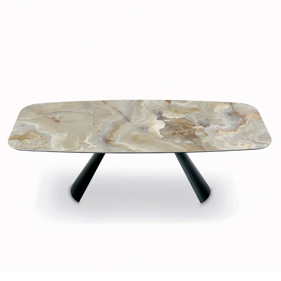 Mesa Fija de Cerámica y Base en Acero Pintado de Negro Made in Italy - Vidrios Viadurini