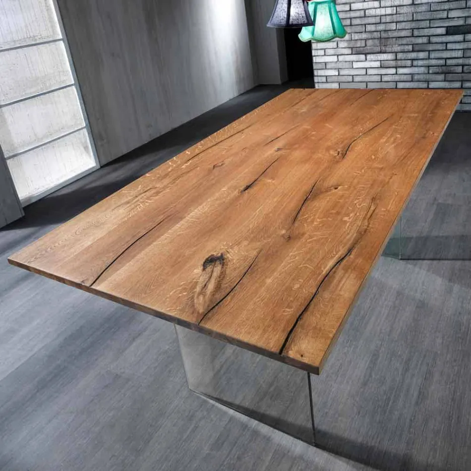 mesa de madera dura sólida con las piernas en vidrio templado Tito Viadurini