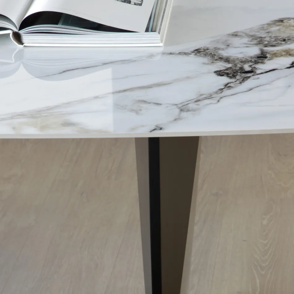 Mesa Fija de Metal y Tapa de Cerámica Arabesca Brillo - Eronte Viadurini