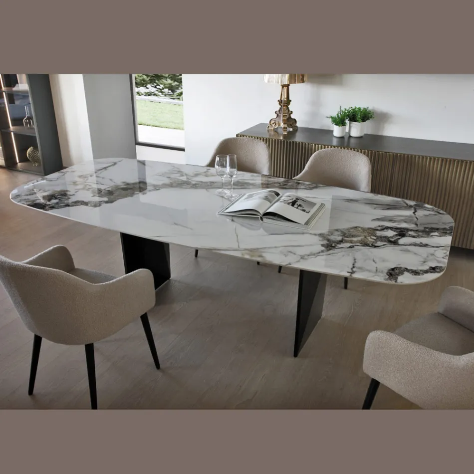 Mesa Fija de Metal y Tapa de Cerámica Arabesca Brillo - Eronte Viadurini