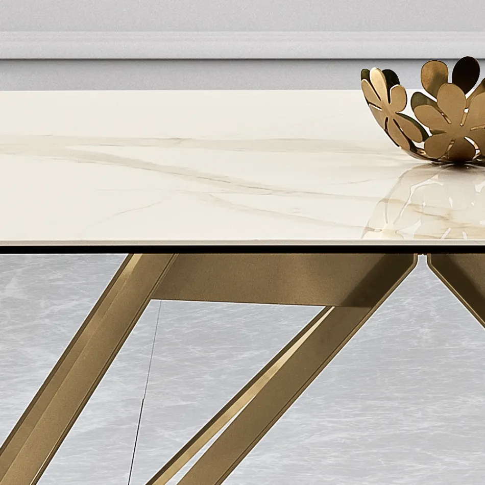 Mesa fija en vitrocerámica Calacatta Oro y metal Made in Italy - Meluso Viadurini