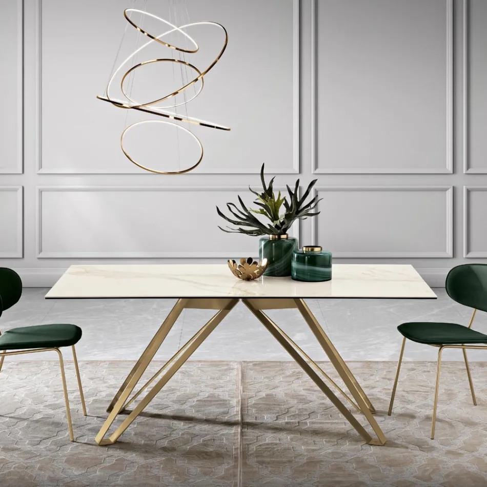 Mesa fija en vitrocerámica Calacatta Oro y metal Made in Italy - Meluso Viadurini