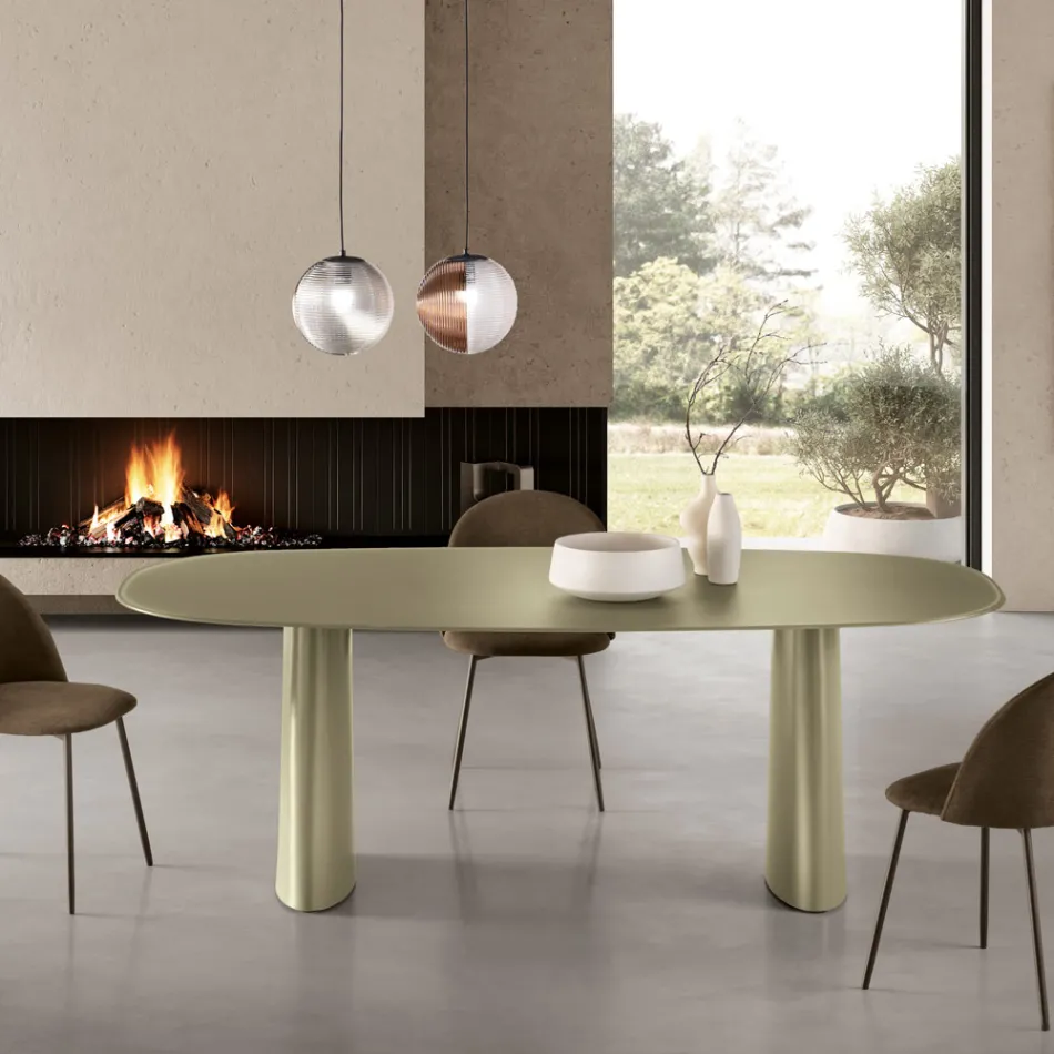 Mesa fija para diez personas con tablero de cristal y base de MDF - Venia Viadurini
