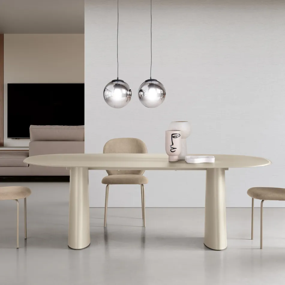 Mesa fija para diez personas con tablero de cristal y base de MDF - Venia Viadurini