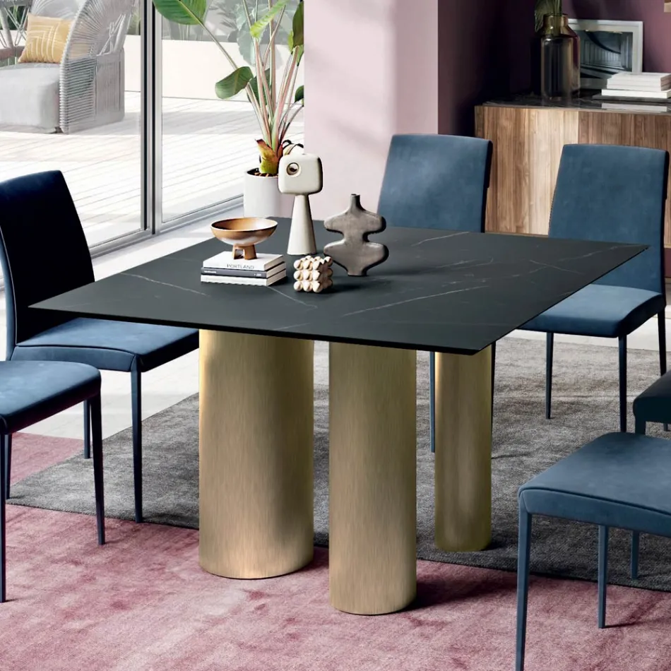 Mesa Cuadrada Fija en Laminado y Acero Made in Italy - Tijeras Viadurini