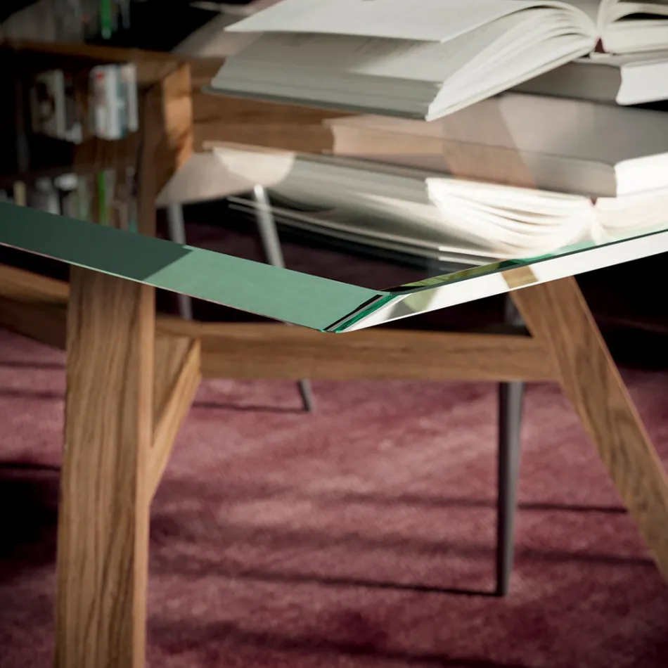 Mesa Fija Rectangular de Vidrio Extraclaro y Fresno Made in Italy - Norte Viadurini