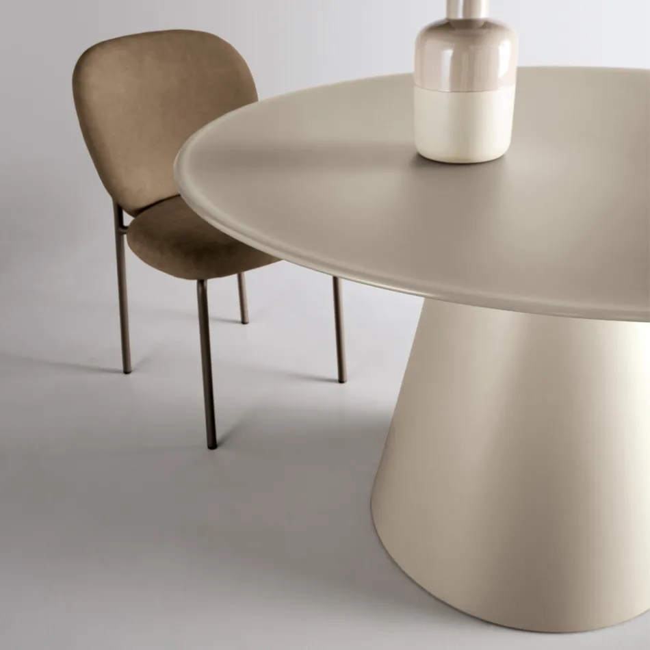 Mesa redonda fija para cuatro personas con base de MDF y cristal opaco - Lumen Viadurini