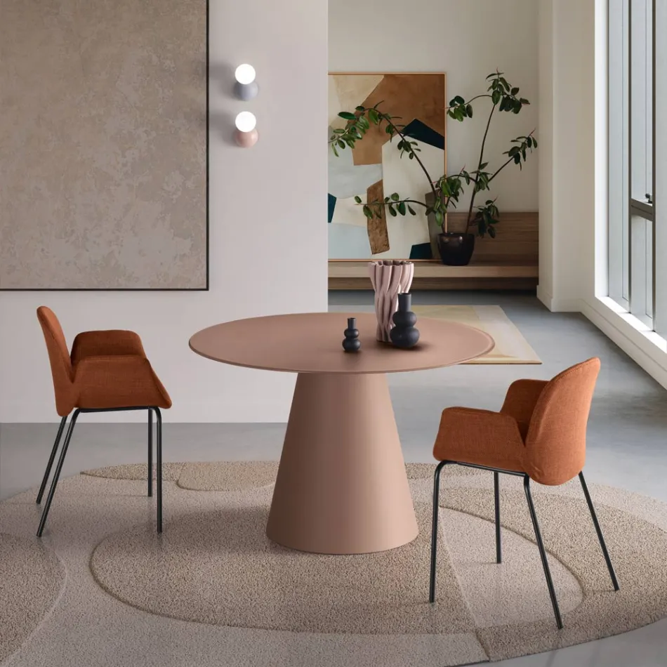 Mesa redonda fija para cuatro personas con base de MDF y cristal opaco - Lumen Viadurini
