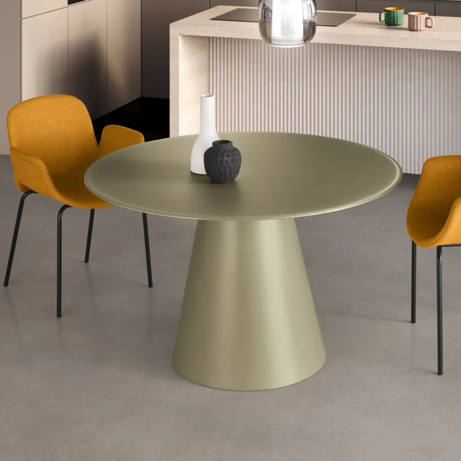 Mesa redonda fija para cuatro personas con base de MDF y cristal opaco - Lumen Viadurini