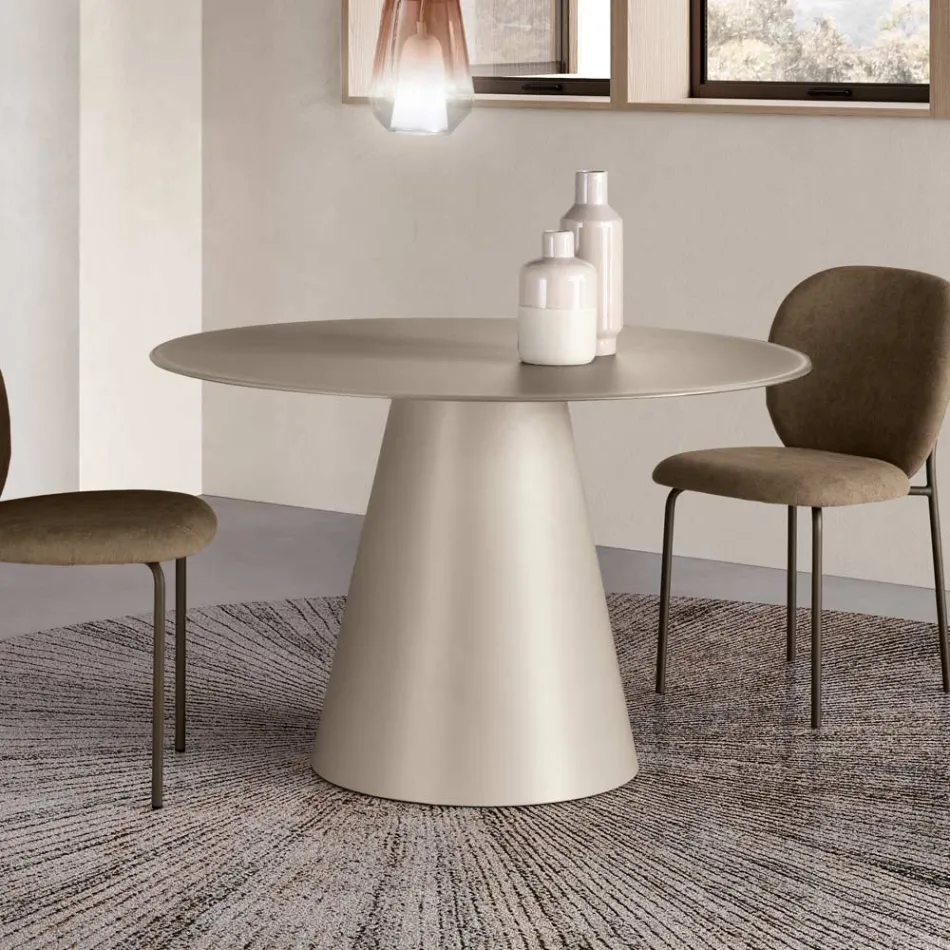 Mesa redonda fija para cuatro personas con base de MDF y cristal opaco - Lumen Viadurini
