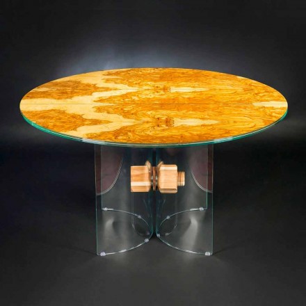 tabla de madera de olivo y de vidrio redonda Portofino VGnewtrend Viadurini