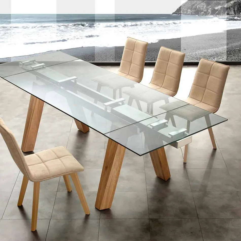 Mesa extensible moderna en vidrio y madera maciza natural Florida Viadurini