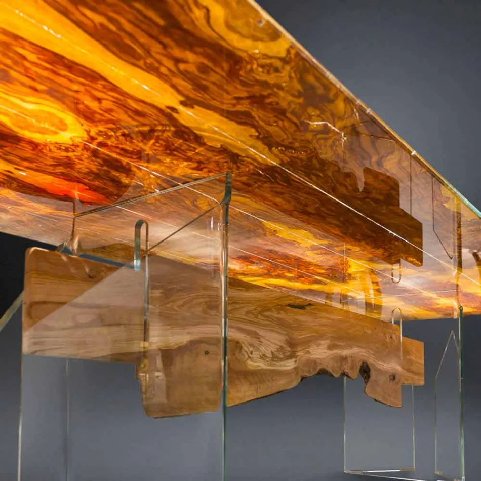 tabla de madera de olivo moderna, de cristal rectangular Portofino Viadurini