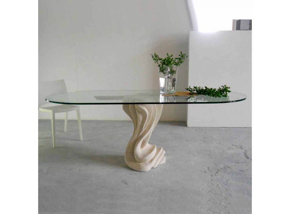 mesa de piedra ovalada con tapa de cristal Agave diseño moderno Viadurini