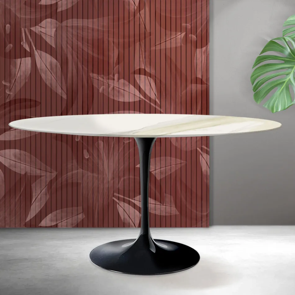 Mesa ovalada Tulip Saarinen de 74 cm de altura en cerámica mate Florim Calacatta Gold - Escarlata Viadurini